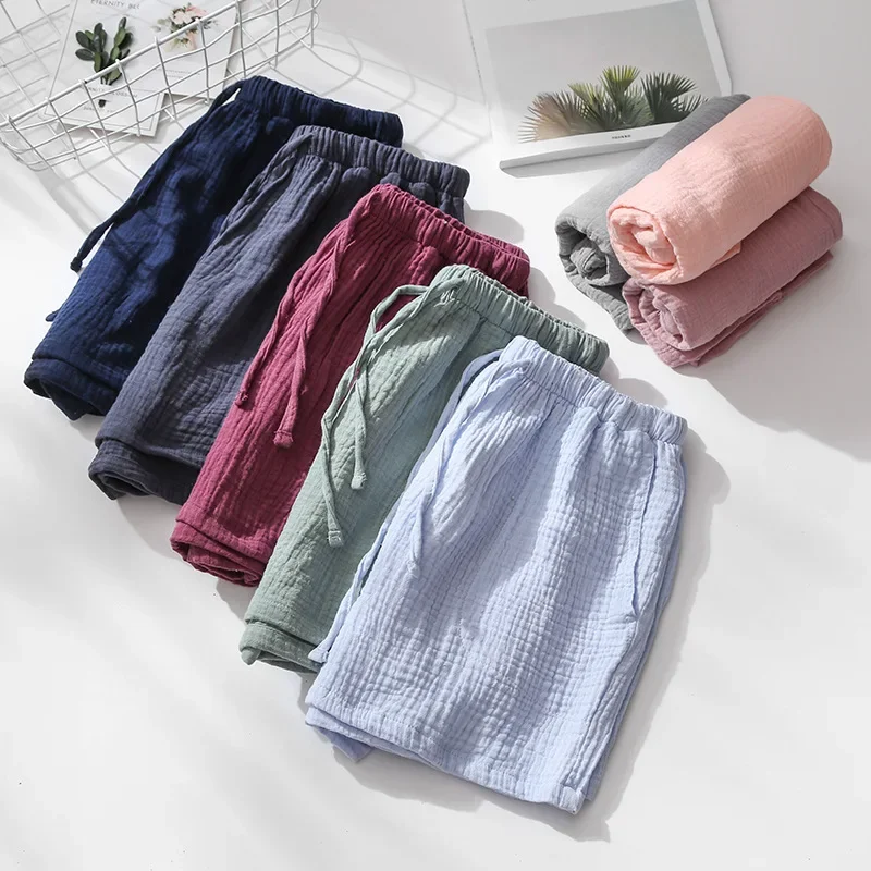 Imagen de Pantalones Cortos de Pijama de Verano para Pareja en Crepé de Algodón - Ropa de Dormir Cómoda y Transpirable para Hombres y Mujeres con Cintura Elástica