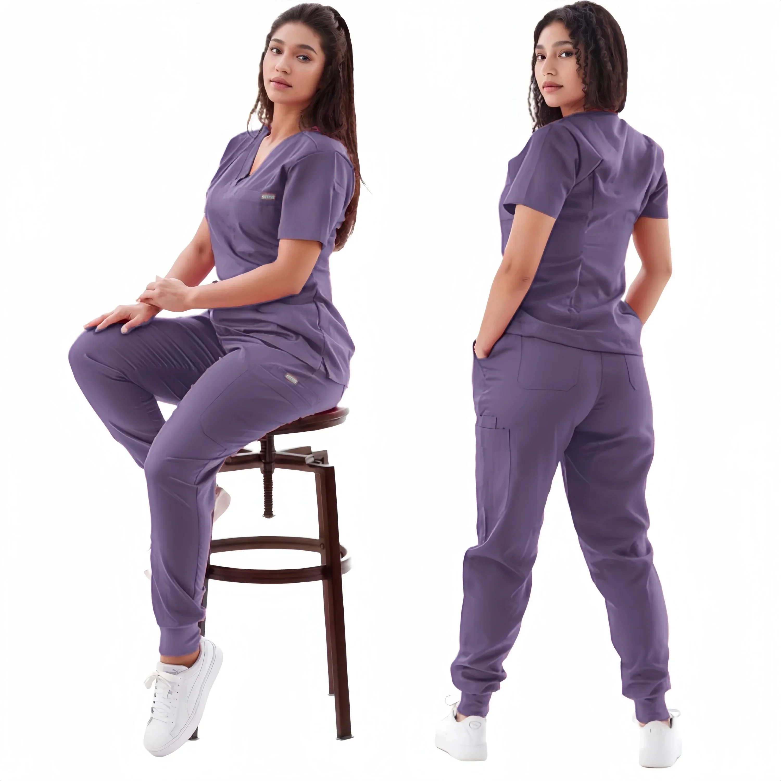 Conjunto de Uniforme Médico Multicolor para Enfermería: Camiseta de Manga Corta con Cuello en V y Pantalones con Bolsillos
