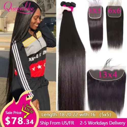 Image de Cheveux Brésiliens Droits 5x5 + Fermeture 6x6 - Qualité Premium