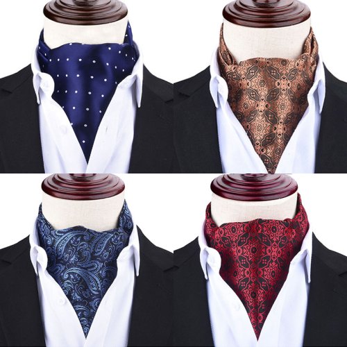 Image of Elegant Men's Ascot Necktie with British Retro Paisley and Polka Dot Pattern in Blue, Red, and Black – Classic Gentleman Scarf for Formal and Casual Wear