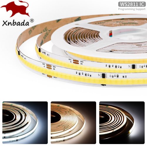 Afbeelding van Adresbare COB LED Strip Licht met CCT, 576 LEDs, 2700K-6500K, 10mm, DC24V, Flexibel, Hoge Dichtheid, RA90, WS2811 IC