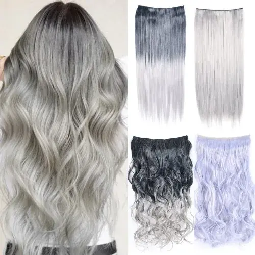 Image de Extensions Cheveux Synthétiques Ombre Noir/Gris - Droite & Ondulée