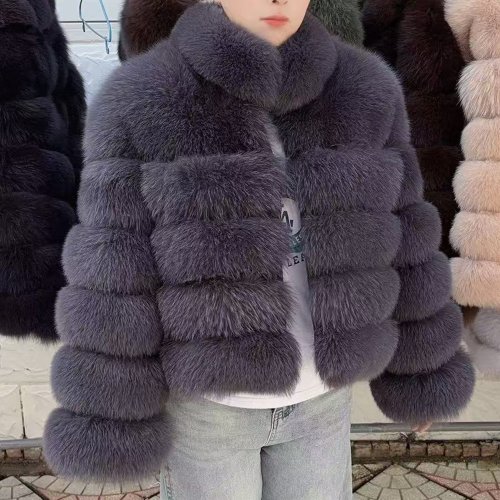 Imagen de QUEENTINA invierno nuevo abrigo de piel de zorro Real frío para mujer con cuello especialmente abrig...
