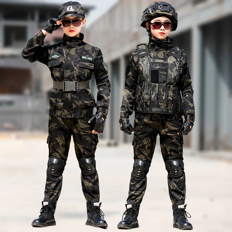 Image of Tactical Military Uniform for Children's Day Camouflag Disguise Adult Halloween Costume for Kid Girl Scout Boy Soldier Army Suit