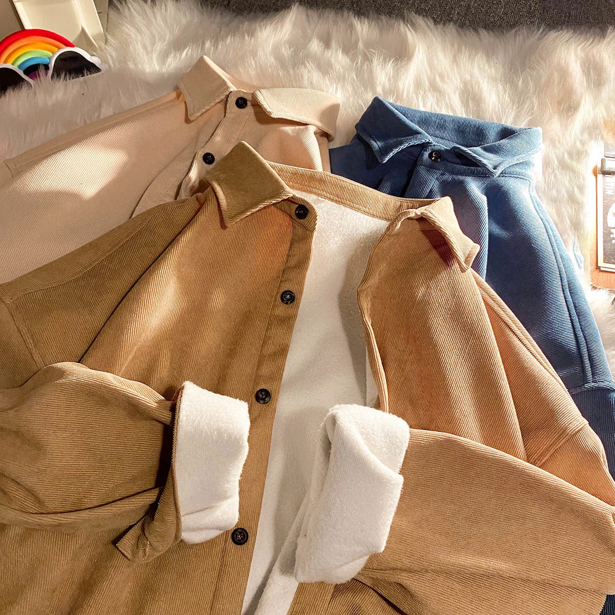 Immagine di Camicie in pile di velluto a coste addensate autunno inverno leggibili Camicia casual a maniche lunghe calda allentata da uomo