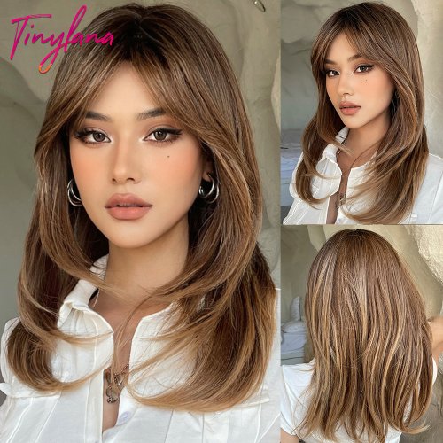 Image of Natural-Looking Long Straight Ombre Brown Synthetic Wig with Bangs and Layered Cut – Heat-Resistant Daily Wear for Women, Perfect for Cosplay and Everyday Use