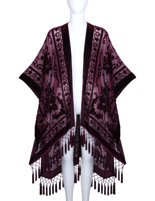 Immagine di Kimono da Donna in Peluche Bruciato Stile Bohémien, Lungo e Violaceo con Nappa – Copricostume da Spiaggia per Vacanze, Cardigan Casual e Scialle Elegante
