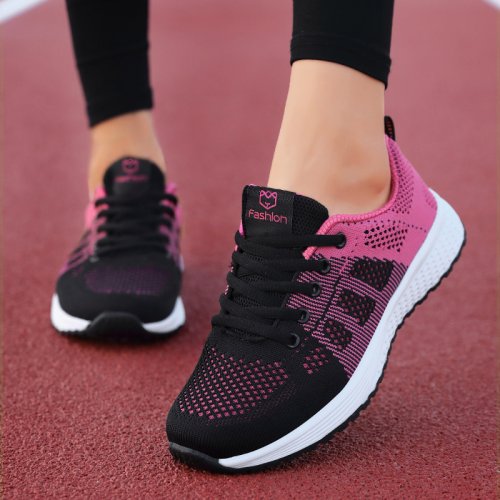 Bild von Frauen Casual Schuhe Atmungsaktive Wanderschuhe Mesh Lace Up Flache Schuhe Turnschuhe Frauen Tenis Feminino Rosa Schwarz
