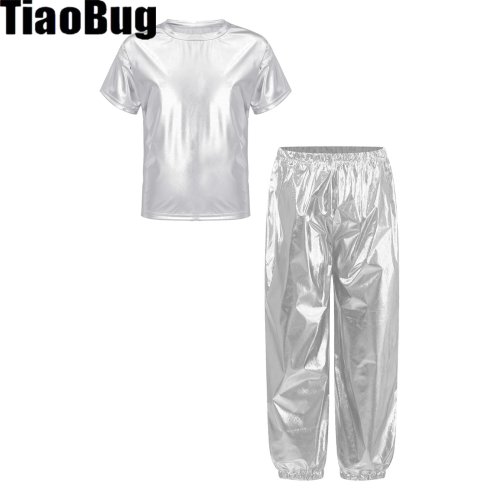 Image of Shiny Metallic Dance Costume Set for Kids - Short Sleeve Round Neck T-Shirt & Matching Pants for Boys and Girls Performance Wear