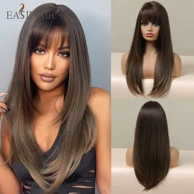 Image de Perruque Synthétique Brune Lisse avec Frange - Naturelle & Résistante à la Chaleur