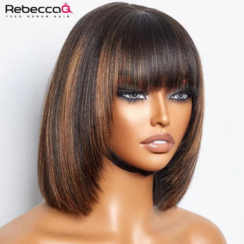 Image of Natural Looking Blonde Short Bob Wig with Bangs - 3x1 Lace Front Glueless Human Hair Wig, Brazilian Remy Hair, Straight Cut, Ready to Wear, Color 1B/30, Perfect for Women Seeking a Stylish and Low-Maintenance Look