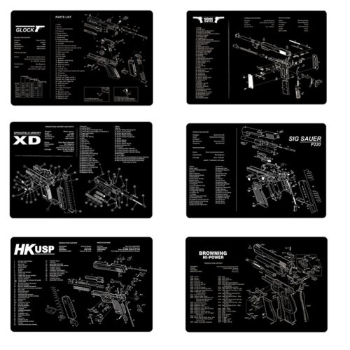 Image of Premium Gun Cleaning Mat for Glock, 1911, P220, P226, P229, XD – 17x11 Rubber Armorers Bench Mat with Parts Diagram & Instructions – Ideal for Firearm Maintenance & Disassembly