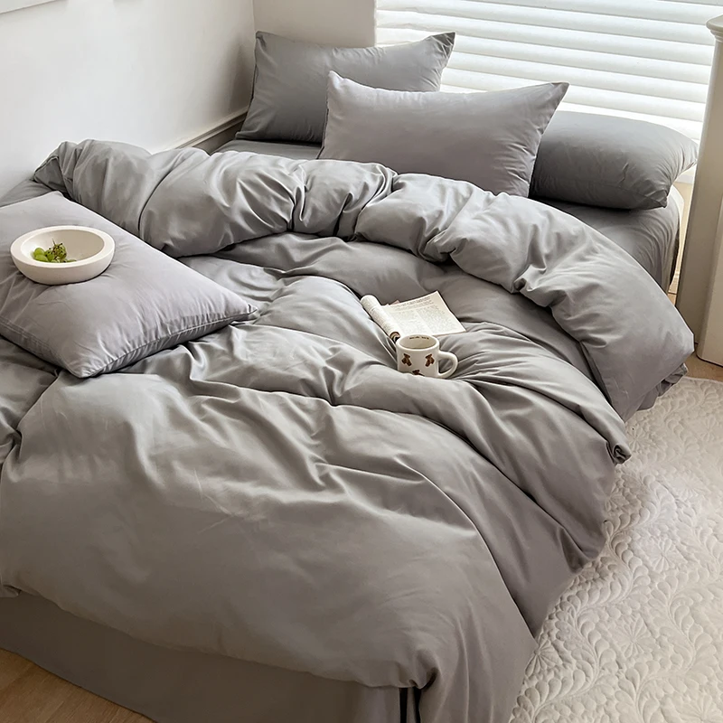 Immagine di Set Biancheria da Letto in Cotone Puro Solido con Lenzuolo, Copripiumino e Federe – Completo per Letto Singolo, Doppio, King Size e Queen Size