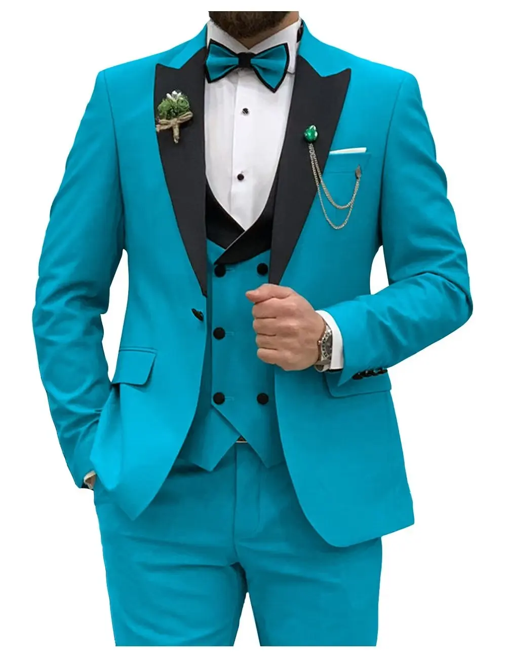 Imagen de Trajes ajustados para hombre, conjunto con americana Formal de negocios para novio con doble botonadura, esmoquin para fiesta y boda con solapa de pico (chaqueta + chaleco + pantalones)