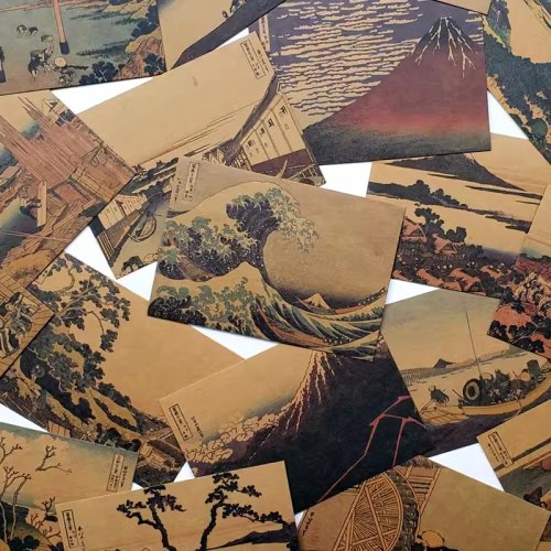 Immagine di Set di 36 Cartoline con le Trentasei Viste del Monte Fuji di Hokusai, Carta Kraft, Dipinte a Mano, Ideali come Biglietti di Auguri e Regalo per Studenti