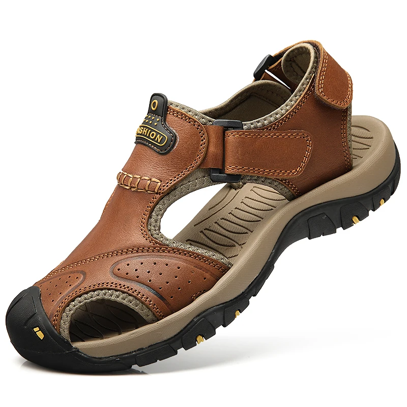 Image of Summer Sandals Leather Outdoor Men Beach Shoes Luxury Breathable Casual Sandal Man Wading Shoes Non-slip Wide lining Slippers
