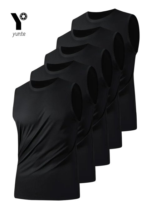 Immagine di Gilet Sportivo Uomo Nero 5 Pezzi Girocollo Traspirante in Tessuto Leggermente Elastico Colore Puro per Primavera, Estate e Autunno