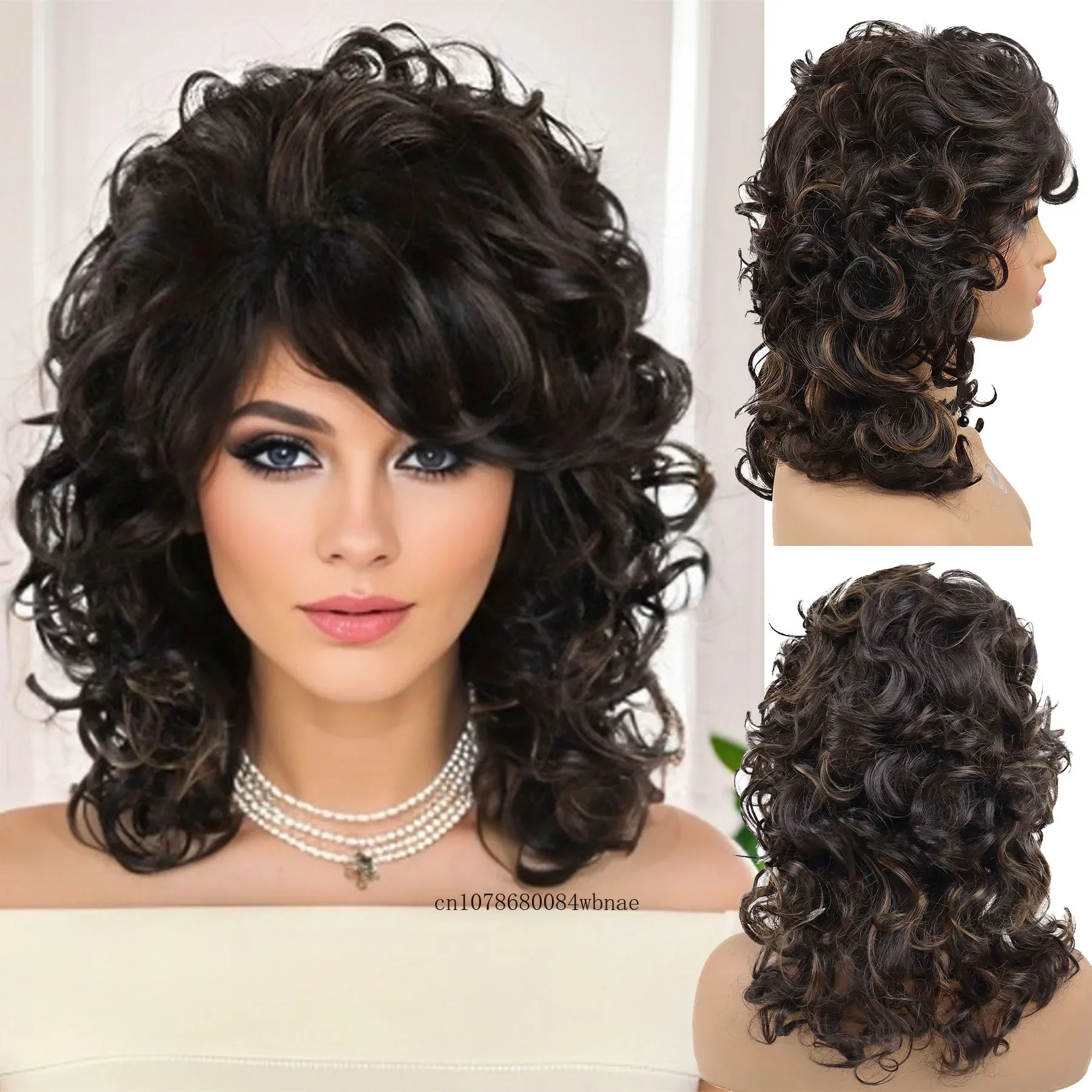 Immagine di Parrucca Bionda Riccia con Frangia - Capelli Sintetici Morbidi per Donne