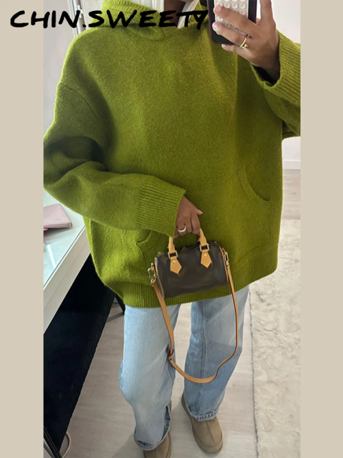Imagen de Suéter Informal de Punto con Capucha para Mujer, Jersey Verde Holgado de Manga Larga con Bolsillo, Top Femenino a la Moda para Primavera 2026