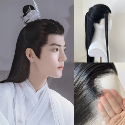 Image of Natural-Looking 26-Inch Long Straight Black Lace Front Wig for Men – High-Quality Synthetic Fiber with Realistic Hairline for Cosplay and Everyday Wear