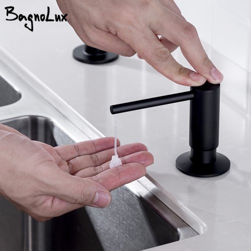 Immagine di Dispenser di Sapone Liquido per Piatti con Tubo in Silicone Nero Opaco e Testa di Pressa in Acciaio Inossidabile - Montaggio Su Piano con Tubo Estensibile
