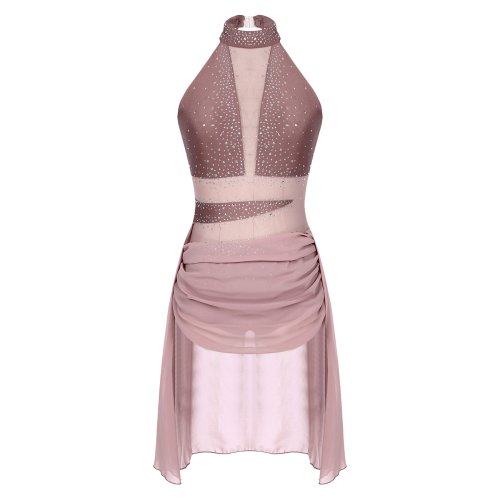 Image of Elegant Women's Modern Lyrical Dance Dress with Shiny Rhinestones and Sheer Mesh Leotard for Ballet, Gymnastics, Figure Skating, and Stage Performances