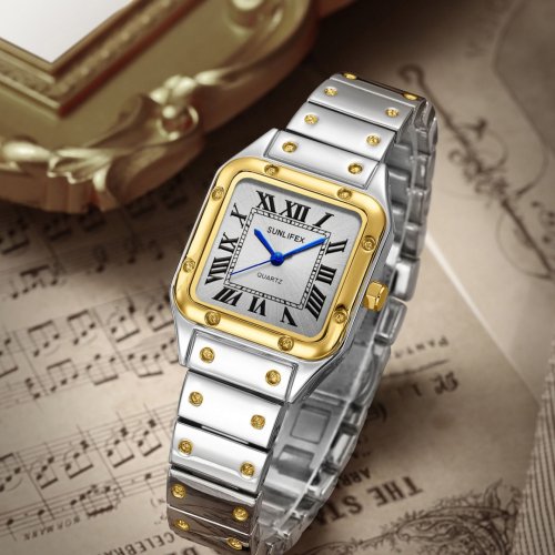 Imagen de Relojes cuadrados para mujer, reloj de cuarzo para mujer, reloj de pulsera para mujer, correa de bambú de acero inoxidable, reloj informal para mujer, reloj femenino