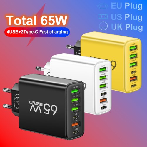 Afbeelding van Totaal 65W 6 in 1 4 USB 2 Type C Snel opladen Snelle wandlader voor iPhone Samsung Xiaomi Huawei Oppo Mobiele telefoonadapter