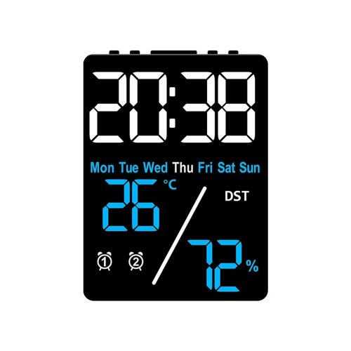 Immagine di Orologio da Tavolo Digitale con Display LED, Temperatura, Umidità, Data e Giorno della Settimana, 2 Sveglie con Funzione Snooze, Luminosità Regolabile a 3 Livelli, Modalità 12/24 Ore, Orologio Elettronico per Camera da Letto
