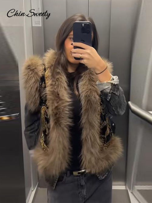 Image of Women Embroidery Fur Patchwork Vest Elegant Sleeveless Cropped Vests Lady New Daily Fashion Chic Vintage Holiday Waistcoat 2025
