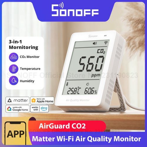 Imagen de SONOFF AirGuard CO2 Matter Over WiFi Monitor de calidad del aire SAWF-08P medidor de temperatura y humedad alarma de luz y sonido datos históricos