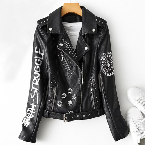 Image of Fitaylor Autumn Winter Women Graffiti Print Faux Leather Jacket Lady Moto Bike PU Leather Coat Casual Rivet Jacket with Belt