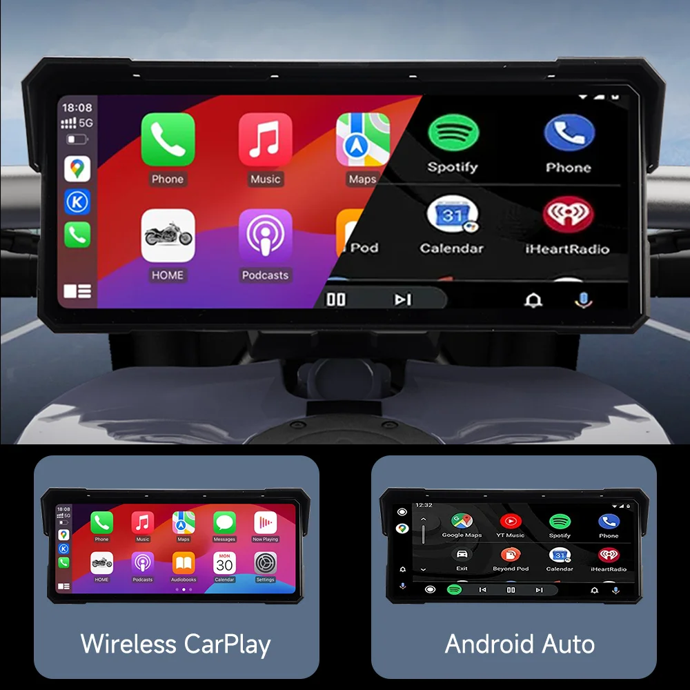 Afbeelding van Waterdichte Motorfiets GPS Navigatie met 8,1-inch Touchscreen, Draadloos CarPlay & Android Auto, 2K HD Display en IPX8 Bescherming