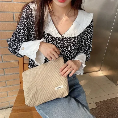 Afbeelding van Zachte Grote Cosmetische Tassen Vrouwen Neceser Make-Up Toilettas Mode Reizen Make-Up Tas Corduroy Borstel Potlood Organizer Etui