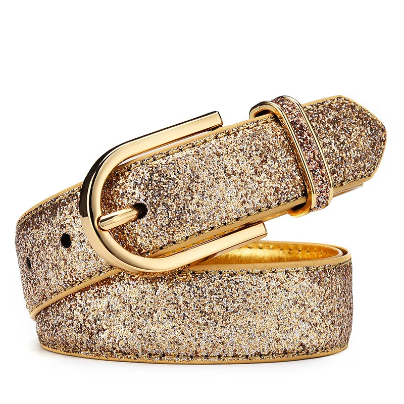 Imagen de Cinturón Dorado para Mujer de Cuero PU de Alta Calidad, Diseño Elegante y Moderno, Correa Informal de Marca de Lujo para Pantalones Vaqueros, Cinturón de Diseñador con Hebilla Brillante