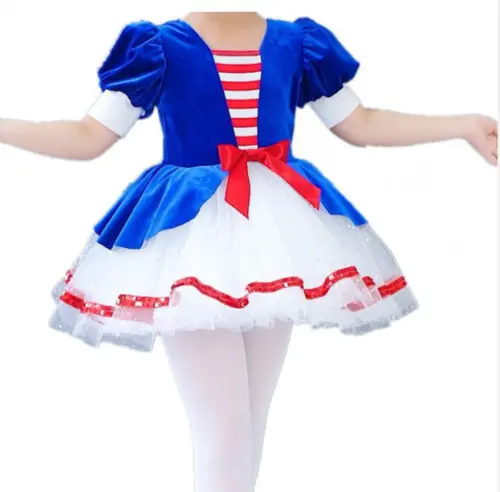 Image de Tutu Ballet Fille Bleu Blanc Patchwork - Robe de Danse Élégante