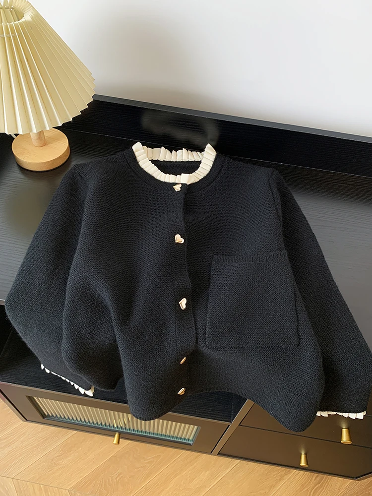 Imagen de Suéter de Mujer con Cuello Plisado y Botón de Amor, Estilo Coreano Dulce y Perezoso para Otoño