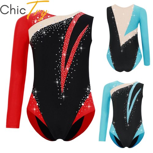 Afbeelding van Elegant Kinderballetkostuum voor Meisjes – Asymmetrisch Turnpakje met Strass en Kleurblokken voor Gymnastiek, Kunstrijden en Podiumoptredens