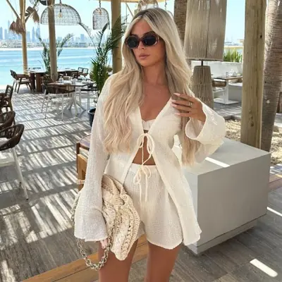Image de Ensemble blanc 2 pièces femme - Chemise à lacets + short taille haute