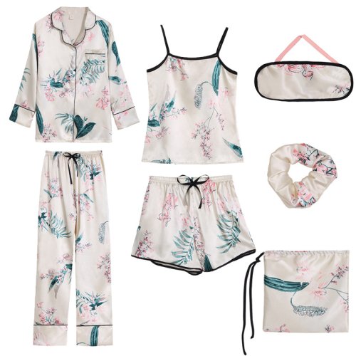 Image of Strap Sleepwear Pyjamas Women's 7 Pieces Pink Pajamas Sets Satin Silk Lingerie Homewear Sleepwear Pyjamas Set Pijamas For Woman