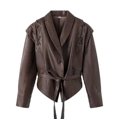 Image de Veste Faux Cuir Vintage à Lacets pour Femme