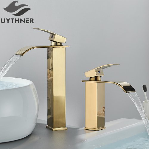 Image of Elegant Brushed Gold Waterfall Bathroom Sink Faucet with Single Lever Deck Mount Brass Mixer Tap