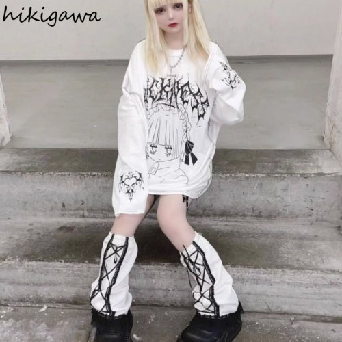 Imagen de Camisetas de Calle para Mujer con Estampado de Moda Japonesa, Manga Larga, Diseños de Dibujos Animados Y2K, Tallas Grandes y Estilo Urbano