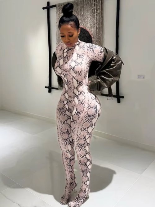 Afbeelding van Stijlvolle Dames Jumpsuit met Slangenprint, O-Hals en Volledige Mouwen - Stretchbaar en Trendy voor Lente en Clubwear