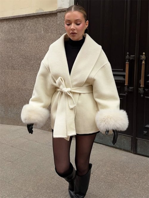Immagine di Trendix Cappotto autunnale da donna in lana di pelliccia di volpe Cappotto in lana double face patchwork di moda 2025 Nuova giacca elegante per pendolari da ufficio