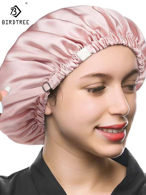Imagen de Gorro de Dormir de Seda 100% Natural Birdtree para Mujer, Doble Capa, Turbante Elástico para Proteger el Cabello durante la Noche