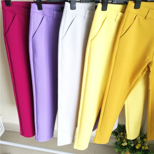 Immagine di Moda streetwear carino pantaloni a matita color caramella donna cotone elasticizzato vita sottile pantaloni dritti pantaloni da lavoro casual da ufficio