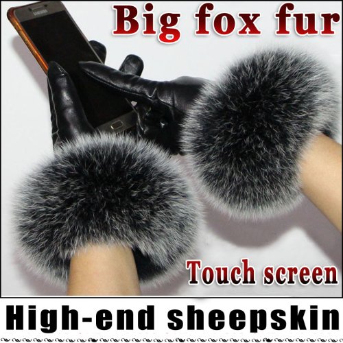 Image of Luxury Women's Colored Fox Fur Gloves with Touch Screen Compatibility, Natural Leather & Sheepskin Lining for Winter Cycling and Driving