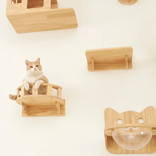 Imagen de Estante de Madera para Gatos Montado en Pared con Diseño de Árbol Trepador, Escalera de 4 Peldaños y Hamaca Interior para Gatitos