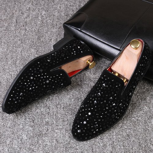 Image of Elegant Black Pointed-Toe Men's Dress Loafers with Denim and Metal Sequins – Premium Fashion Shoes for Wedding, Party & Formal Events